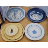 Collection of Wedgwood mustard Jasper ware plates, two blue Jasper ware plates and two Bradex