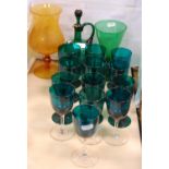 Assorted Edwardian-style green glass wine glasses, green glass decanter and stopper, green glass