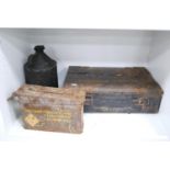 Military-style cartridge box, another similar box and a military-style flagon.  (3)