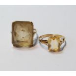 Citrine ring and another, smaller, 9ct gold, both size N, 8g gross.