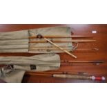 JS Sharpe Ltd., of Aberdeen 'Scottie' four-piece split cane fishing rod, approximately 18ft long, in