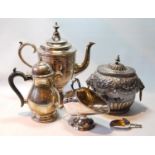 Silver hot water pot of pear shape, Birmingham 1915, 422g or 13½oz, also a BM coffee pot, a