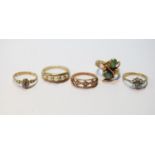 Four gold gem rings and another with pearls, all 9ct, 12g gross.  (5)