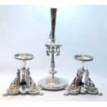 Pair of EP tazza stands with swan supports, and a vase stand.