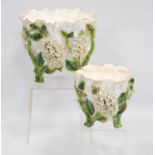 Moore Brothers porcelain planter with a frilly gilded rim above encrusted flowers, leaves and vines,