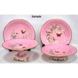 Porcelain fruit set comprising four matching comports, pair of stands and twelve plates, decorated