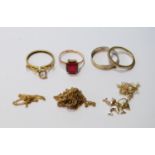 Three gold rings, a coin mount and various necklets, mostly 9ct gold, 14g gross.