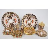 Group of Royal Crown Derby Imari porcelain comprising a pair of boxes with covers, stemmed dish,