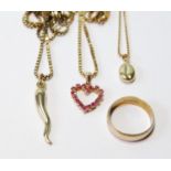 Three gold necklets with pendants and a band ring, all 9ct, 21.6g.