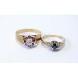 Diamond and sapphire small cluster ring and a similar ring with rubies, on broad flat shank, both