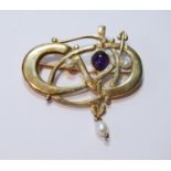 Scottish 9ct gold openwork brooch with amethyst and pearls, 10.7g.