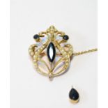 Edwardian gold openwork brooch/pendant with pearls and sapphires, '15ct', 33mm long, also detached