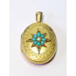 Victorian gold oval locket with pearl and turquoise star, probably 15ct, 12g gross.