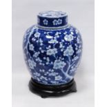 Chinese Kangxi-style oviform vase and cover with all over white prunus decoration on a blue