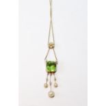 Edwardian pendant with rectangular, almost octagonal, peridot (uncertified) with pearl cluster and