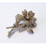 19th century diamond spray brooch with five-petal tremblant flowerhead, on tied stem, with old and
