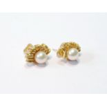 Pair of gold earrings, each with a pearl and small diamonds, '585', 5.6g.
