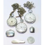 Silver curb watch guard, 1906, a small compact, a cowbell pendant, a fruit knife, a crown and