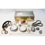 Silver verge watch, another, nickel, a silver locket and necklet, various medals and other items.