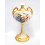 Royal Worcester blush ivory vase of slender baluster form with hand-painted floral decoration, shape