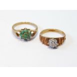 Emerald cluster ring and another, both 9ct gold, both size P.  (2)