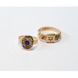 15ct gold ring with diamonds and rubies, c. 1900, and a tiny gold ring with diamond-set disc,