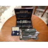 Cased set of a pair of silver spoons; together assorted silver plated flatware