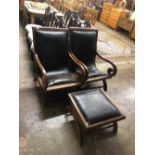Pair of teak and leather open arm chairs and matching foot stool