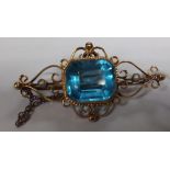 9 carat yellow gold seed pearl and Aquamarine bar brooch; 4cm long; gross weight 5.1g