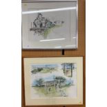 Albany Wiseman 'Locomotive' coloured print together with Gleneages pen and ink signed, both framed