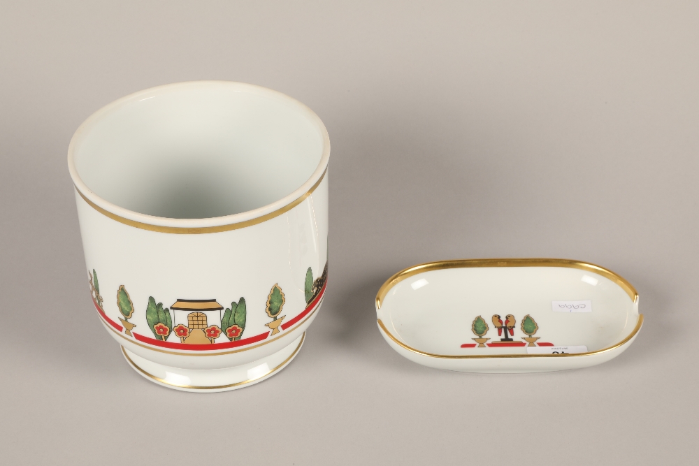 Limoges for Cartier cache pot and matching ashtray; decorated with animals; 15cm and 17cm