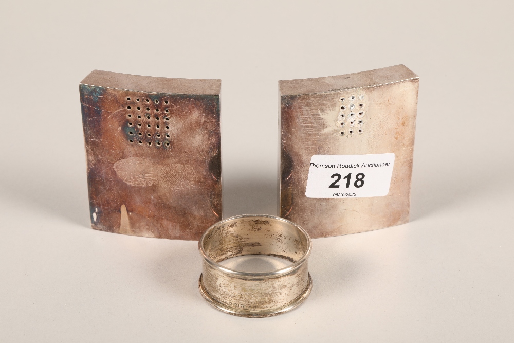 Pair of French silver 'Algorithme' salt and pepper set and a hallmarked silver napkin ring (3)