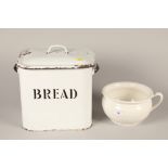 Enamel bread bin; 39cm high and a white pottery chamber pot; 26cm wide