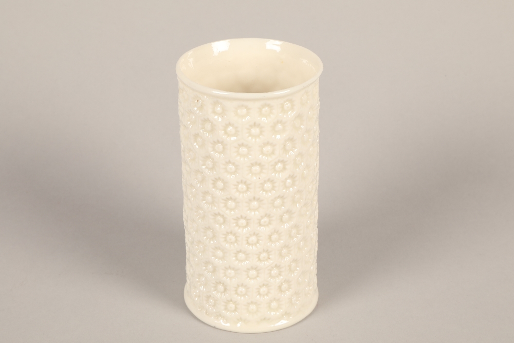 Belleek porcelain cylindrical vase; black mark to base; 12cm high
