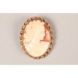 9 carat gold mounted cameo brooch; 5cm long