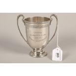 George V hallmarked silver twin handled silver presentation cup; Sheffield 1930;  gross weight 334g