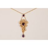 9 carat yellow gold amethyst and seed pearl pendant on chain; gross weight 11.5g
