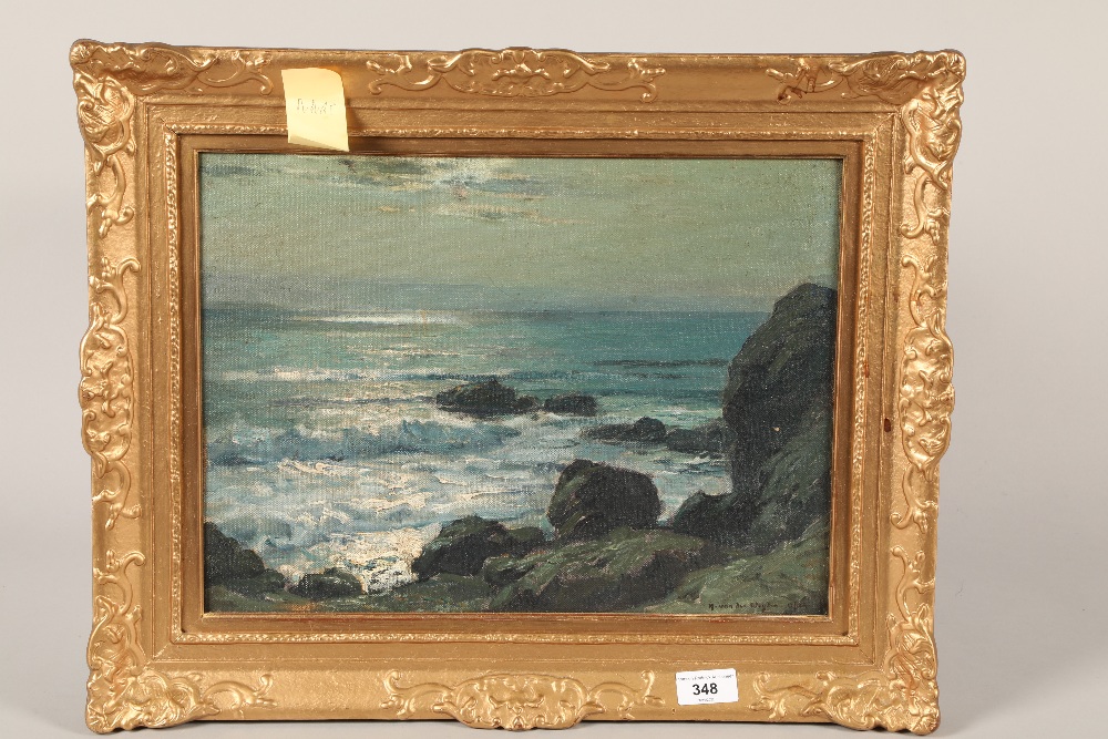 Harry Van der Weyden (American 1868-1952); Moonlit Sea crashing against the rocks; oil on canvas;