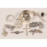 Box of assorted silver medals, bangles, pendants etc