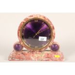 Art Deco pink marble and enamel 8 day mantle clock; 23cm high