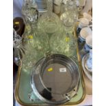 Six assorted glass decanters together with two silver plated dishes