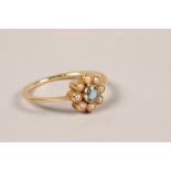 Ladies 9 carat yellow gold seed pearl and aquamarine ring; ring size N; gross weight 2.5g