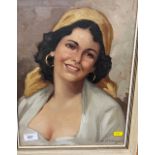 20th century portrait of a lady, oil on board, signed illegilbly and framed