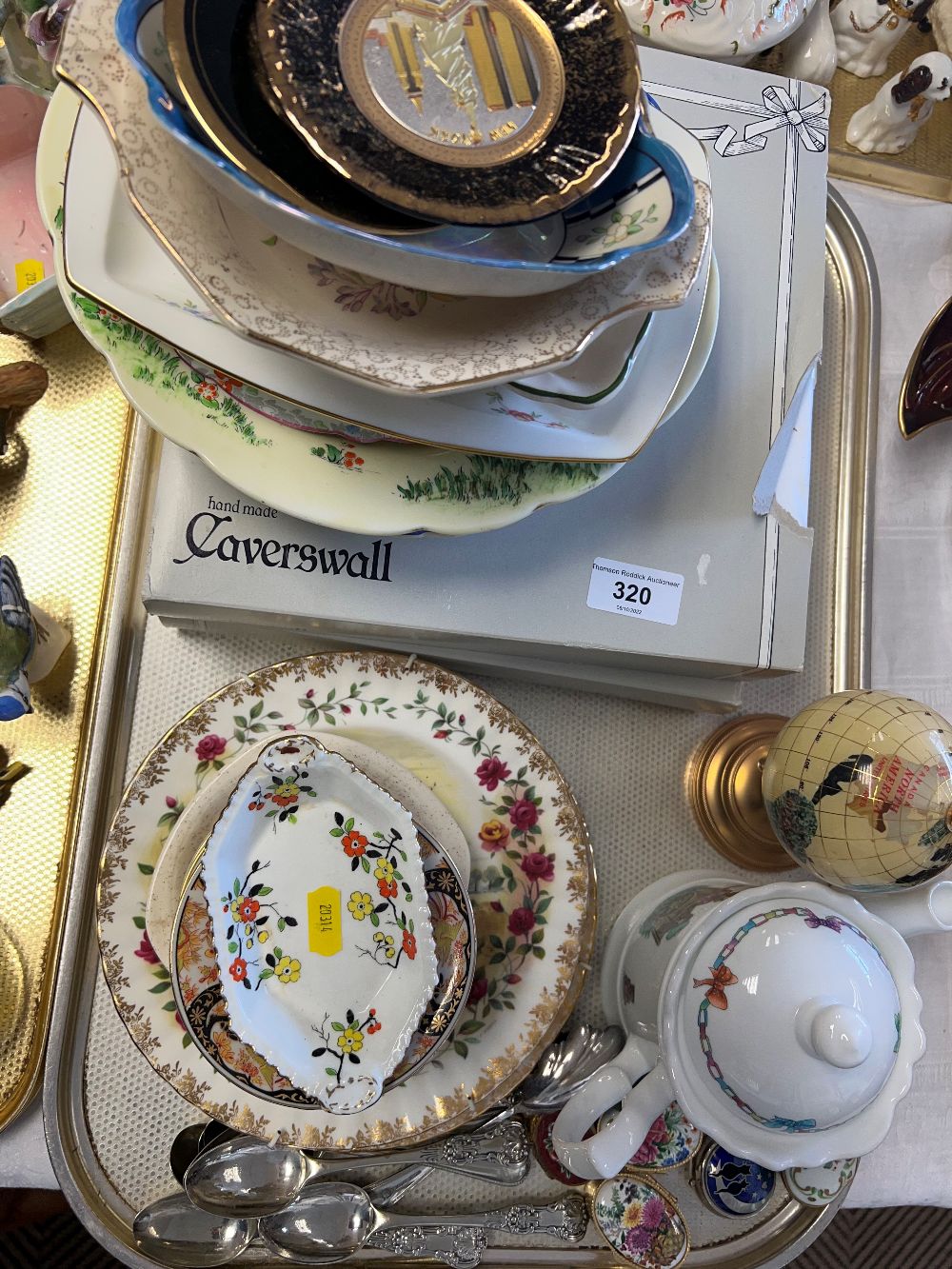 Miniature specimen hardstone globe together with other decorative ceramics and silver plate