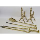Set of three brass fire irons, comprising shovel, tongs and poker with flattened knop handles,