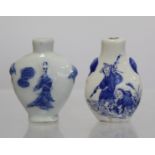 Chinese underglaze blue and white porcelain snuff bottle depicting a peddler and scholar and another
