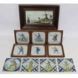 Collection of ten antique Dutch Delft tiles depicting Dutch infantrymen, comprising: three framed