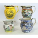 Four early 19th century pottery jugs; one with yellow ground, bat printed panels of country