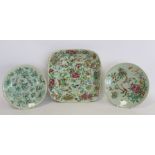 Chinese Canton famille rose square dish with celadon ground, 24cm wide; also two similar plates,