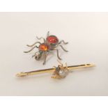 Gold pin with gem set spider, another similar, silver and amber. 6g gross (2).